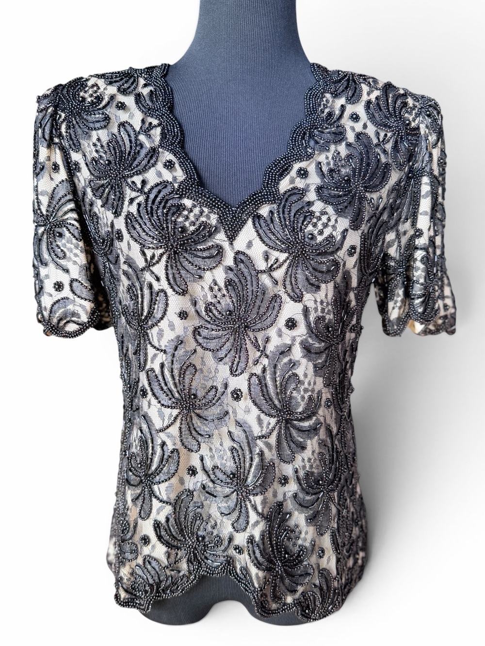 Vintage Lawrence Kazar Beaded Blouse Black Floral Mesh Scalloped Evening Top M